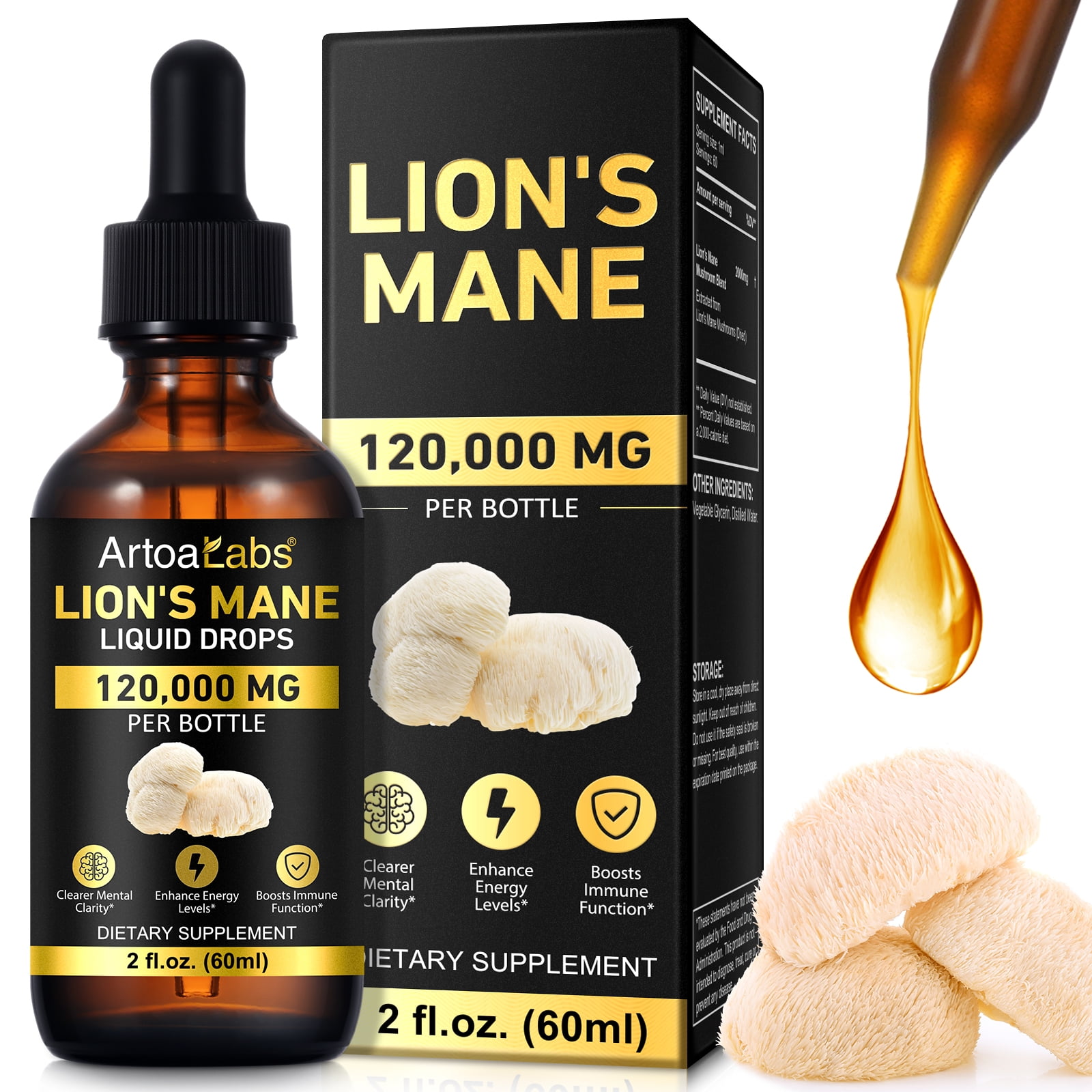 Lions Mane Mushroom Supplement Drops - Organic Lion's Mane Mushroom Liquid Tincture for Focus, Fog Brain Health Supplements - Vegan Herbal Nervine Nootropic Organic Lions Liquid Supplement Extract
