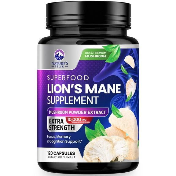Lions Mane Supplement Capsules 10,000mg, 10:1 Extract - Extra Strength Lion’s Mane Mushroom - Superfood for Memory & Focus Support, Brain, Immune Health Support - Vegan, Bottled in USA - 120 Capsules