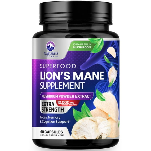 Lions Mane Supplement Capsules 10,000mg - 10:1 Extract - Extra Strength Lion’s Mane Mushroom - Superfood for Memory & Focus Support, Brain, Immune Health Support - Vegan, Bottled in USA - 60 Capsules