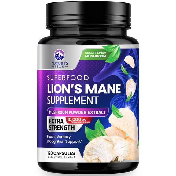Lions Mane Supplement Capsules 10,000mg, 10:1 Extract - Extra Strength Lion’s Mane Mushroom - Superfood for Memory & Focus Support, Brain, Immune Health Support - Vegan, Bottled in USA - 120 Capsules