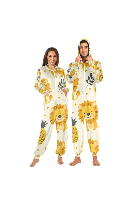 Lions Pineapples Adult Onesie Pajamas Slim Fit Christmas One Piece Suit Pjs for Women and Men Hooded Zipper