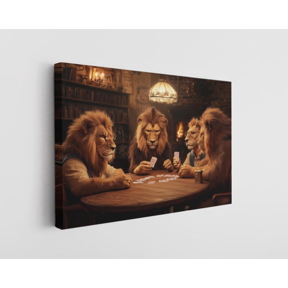 Lions Playing Cards Canvas Wall Art - High-Quality Whimsical Print - Handcrafted Modern Decor - Stylish Wall Art - Gift for Home or Office