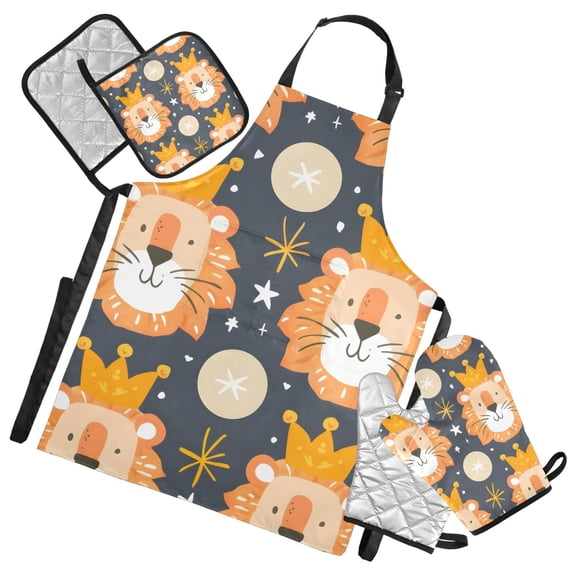 Lions Wearing Crowns Stars Apron Set with Oven Mitts Pot Holders Set of 5 Kitchen Stuff Accessories