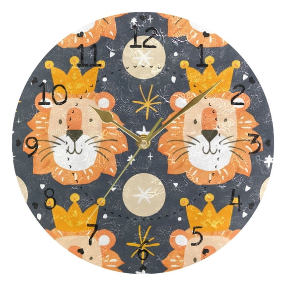 Lions Wearing Crowns Stars Round Wall Clock Silent Analog Battery Operated Gold Pointer Home Decor 9.84" Diameter