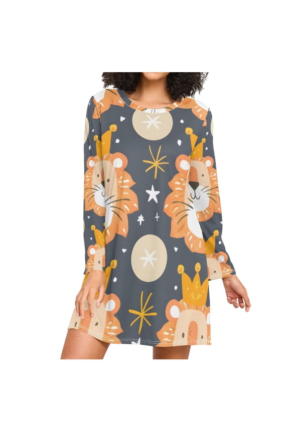 Lions Wearing Crowns Stars Women's Long Sleeves Nightgowns Sleepwear Soft Pajama A-line Sleep Dress M