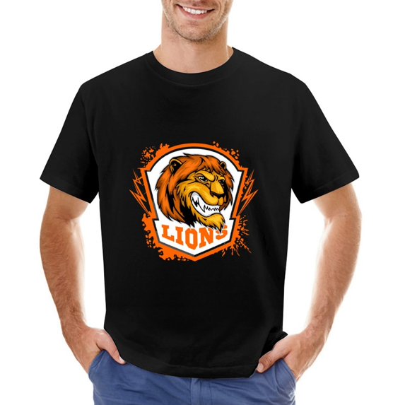 Lions White Background Men’s T-Shirt 100% Cotton Casual Short Sleeve Tops Gift Tee Black 2XL