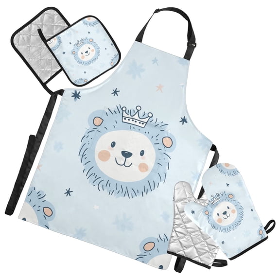 Lions with Crowns on Heads Cute Apron Set with Oven Mitts Pot Holders Set of 5 Kitchen Stuff Accessories