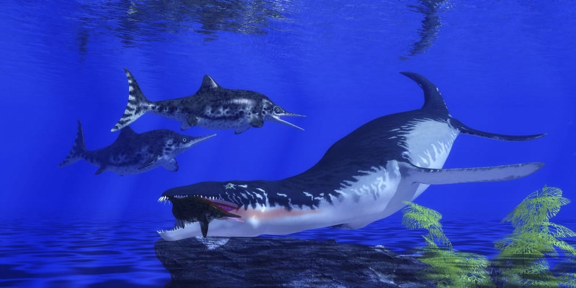 Liopleurodon catches an ichthyosaur in Jurassic seas Canvas Art - Corey FordStocktrek Images (20 x 10)