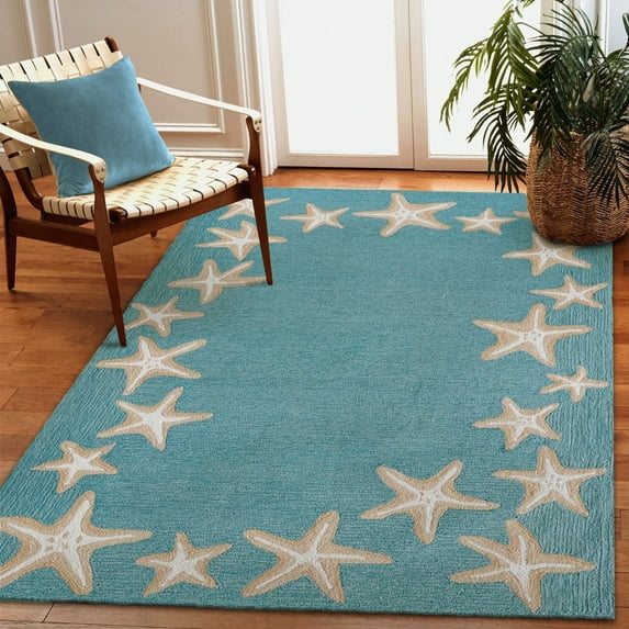 Liora Manne Capri Starfish Border Area Rug Aqua Indoor Outdoor 5x8 Weather Resistant