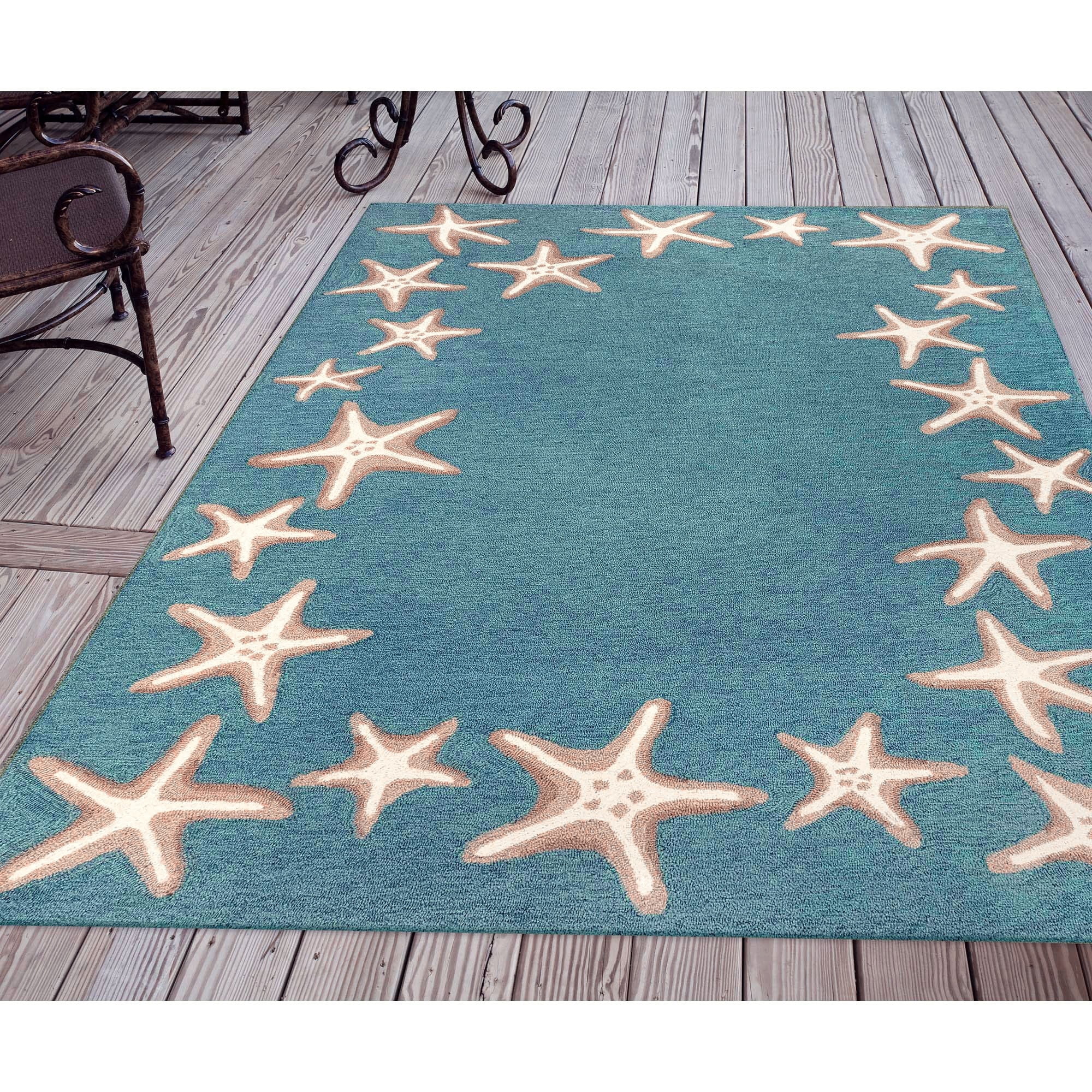 Aqua Starfish Border Hand-Tufted Indoor/Outdoor Rug 42"x66"