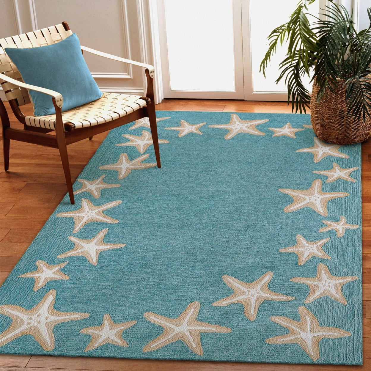 Aqua Starfish Border Hand-Tufted Indoor/Outdoor Rug 42"x66"
