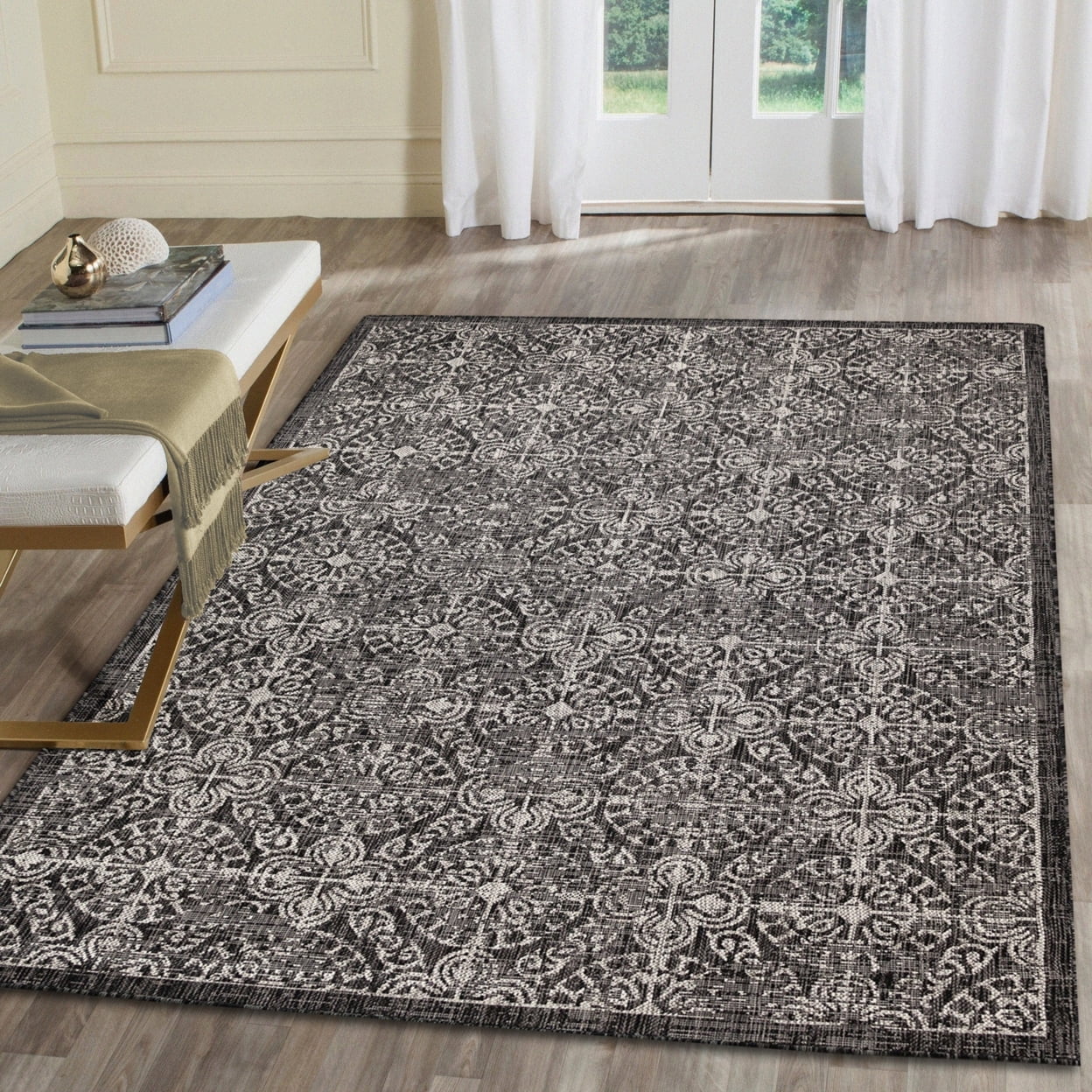 Antique Medallion Tile Black Synthetic 6'6" x 9'3" Area Rug