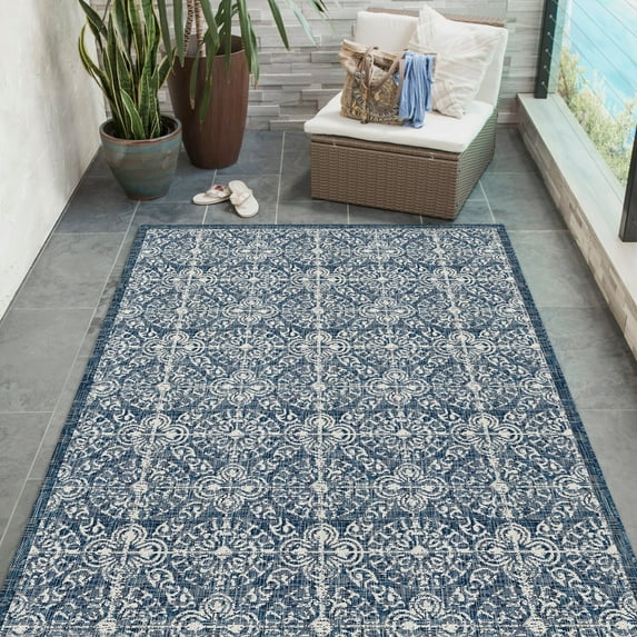 Liora Manne Carmel Antique Tile Indoor/Outdoor Rug Navy 3'9" x 5'7" Polypropylene,Polyester 4' x 6' Indoor,Outdoor,Accent Rectangle