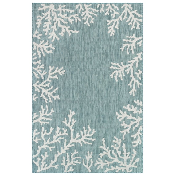 CARMEL Indoor/Outdoor Power Loomed Synthetic Blend Low Profile Area Rug - Transitional Border Coastal Ocean Decorative (Coral Border Aqua) (3'3" x 4'11")