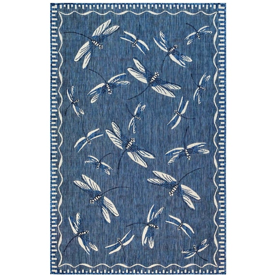 CARMEL Indoor/Outdoor Power Loomed Synthetic Blend Low Profile Area Rug - Transitional Border Garden Nature Decorative (Dragonfly Navy) (1'11" x 4'11")