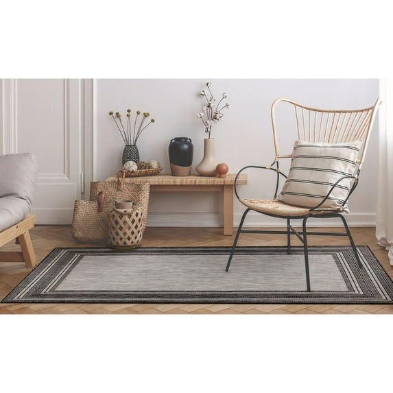 Liora Manne Carmel Multi Border Indoor/ Outdoor Area Rug Black 3'3" x 4'11" Polypropylene 3' x 5' Living Room,Dining Room,Patio Grey Rectangle