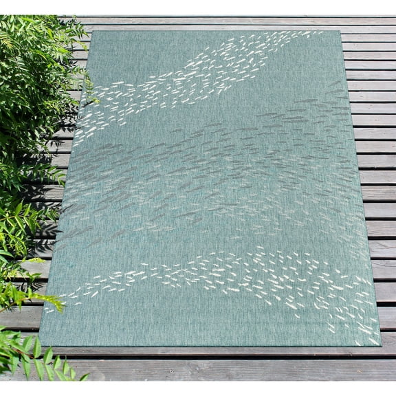 Liora Manne Carmel School Of Fish Indoor/Outdoor Area Rug Aqua 3'3" x 4'11" 3' x 5' Outdoor,Indoor,Accent Ivory Rectangle
