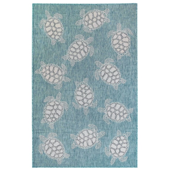 CARMEL Indoor/Outdoor Power Loomed Synthetic Blend Low Profile Area Rug - Transitional Coastal Turtle Decorative (Seaturtles Aqua) (3'3" x 4'11")