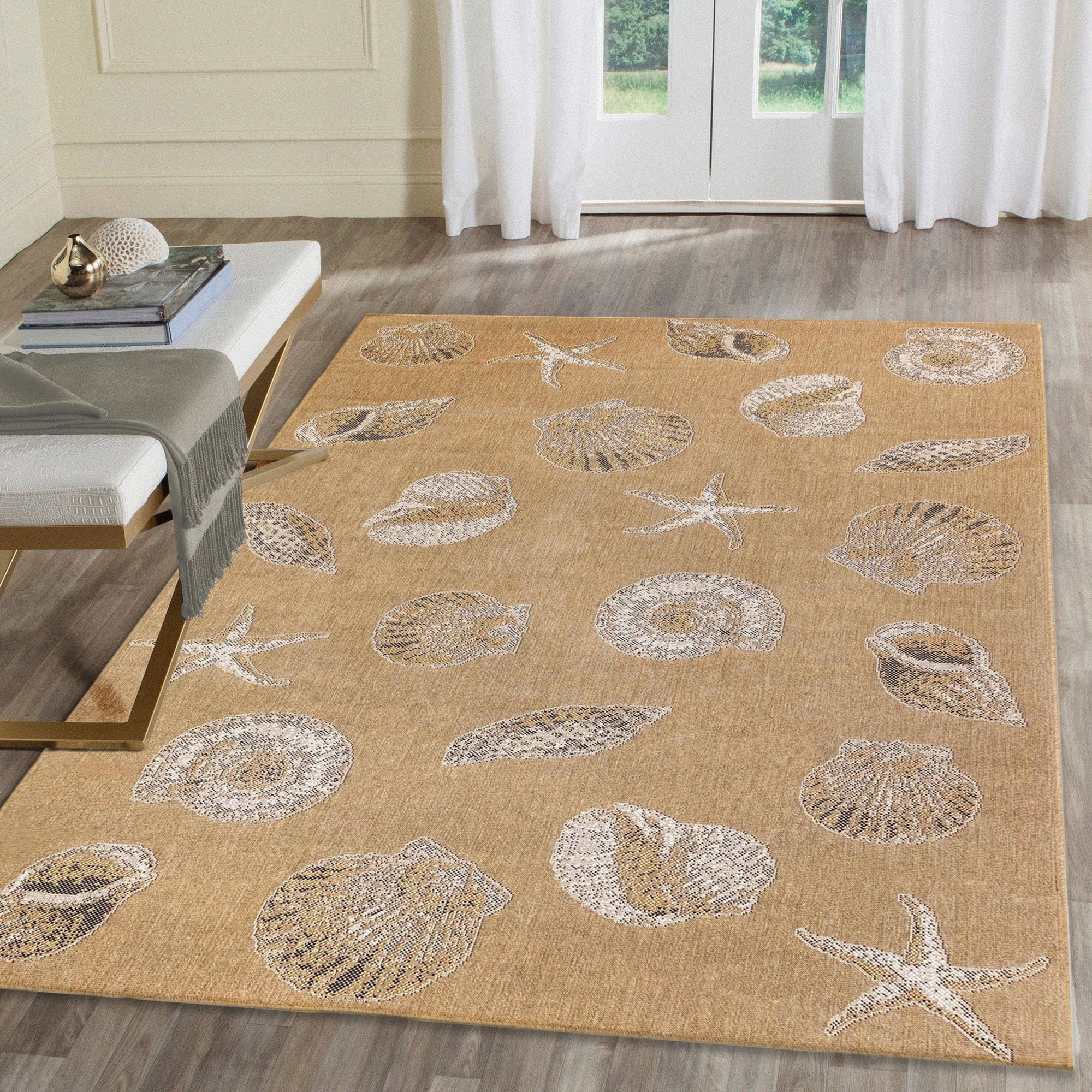 Sand and White Synthetic Coastal Rectangular Area Rug