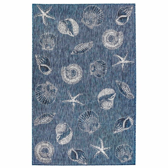 CARMEL Indoor/Outdoor Power Loomed Synthetic Blend Low Profile Area Rug - Transitional Coastal Seashell Decorative (Shells Navy) (3'3" x 4'11")