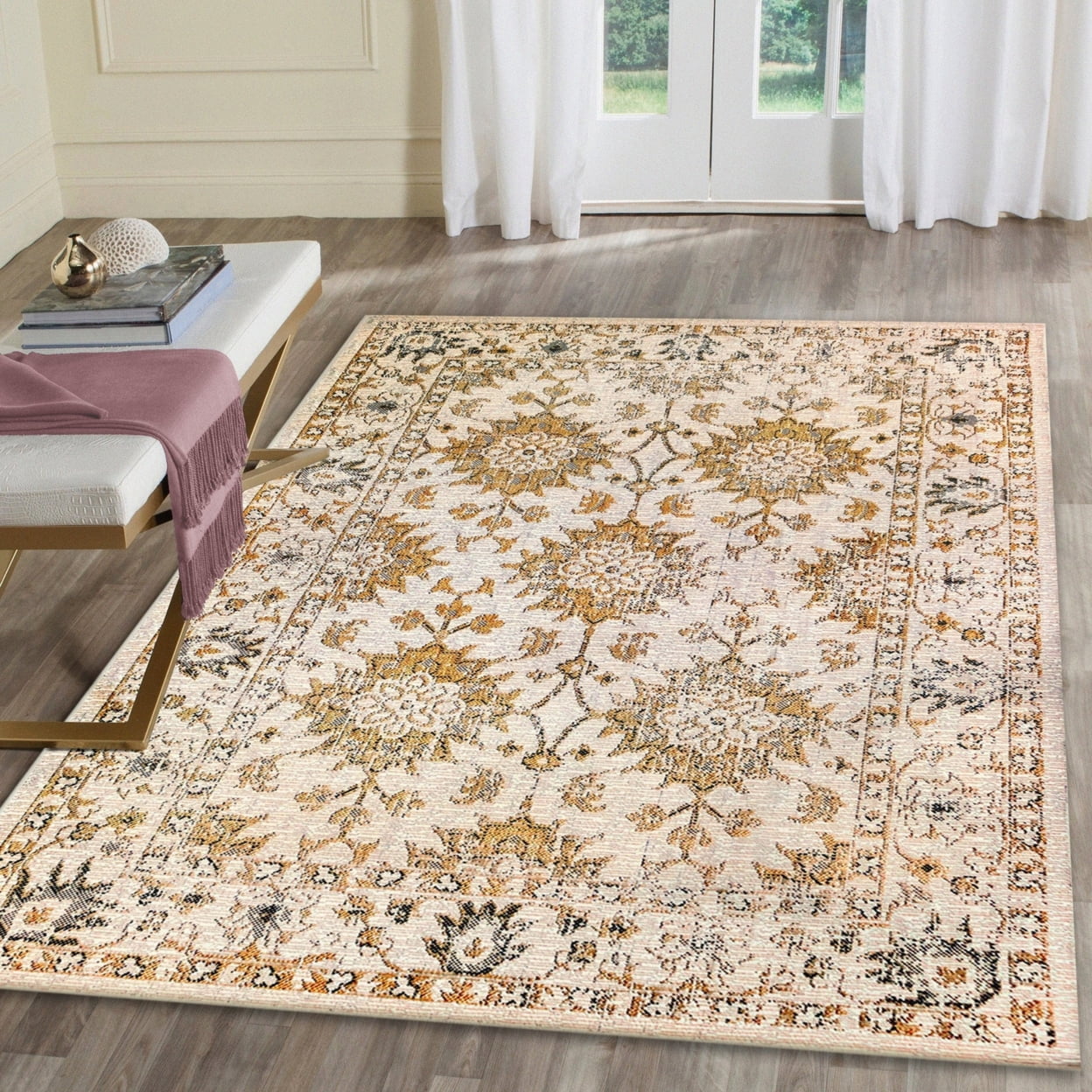 Carmel Vintage Floral Round Sand Indoor/Outdoor Rug