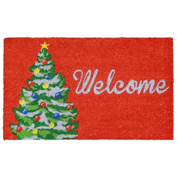 NATURA Outdoor Machine Made Coir Outdoor Mat - Traditional Letters Festive Floral Accent (Winter Welcome Red) (1'6" x 2'6")
