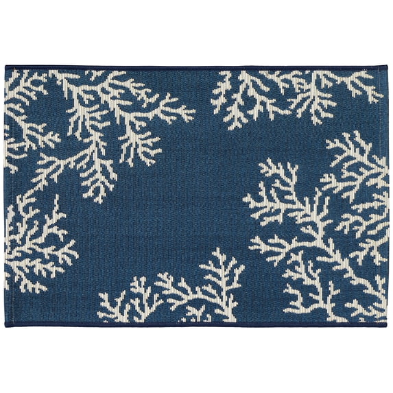 ESENCIA Indoor/Outdoor Power Loomed Latex Back Non Slip Mat - Traditional Border Coastal Fish Colorful (Coral Edge Navy) (1'11" x 4'11")