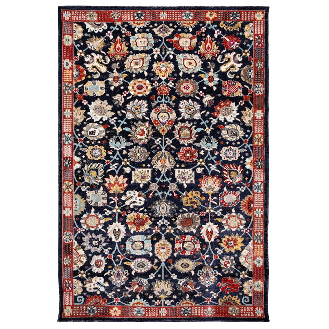 Navy Blue Floral Rectangular Indoor Outdoor Rug
