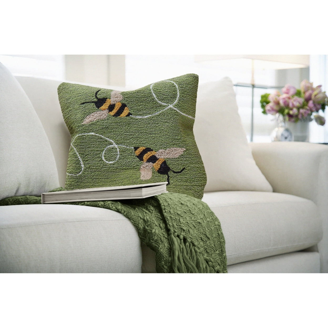 Green Hand Hooked Square Indoor/Outdoor Pillow with Bees