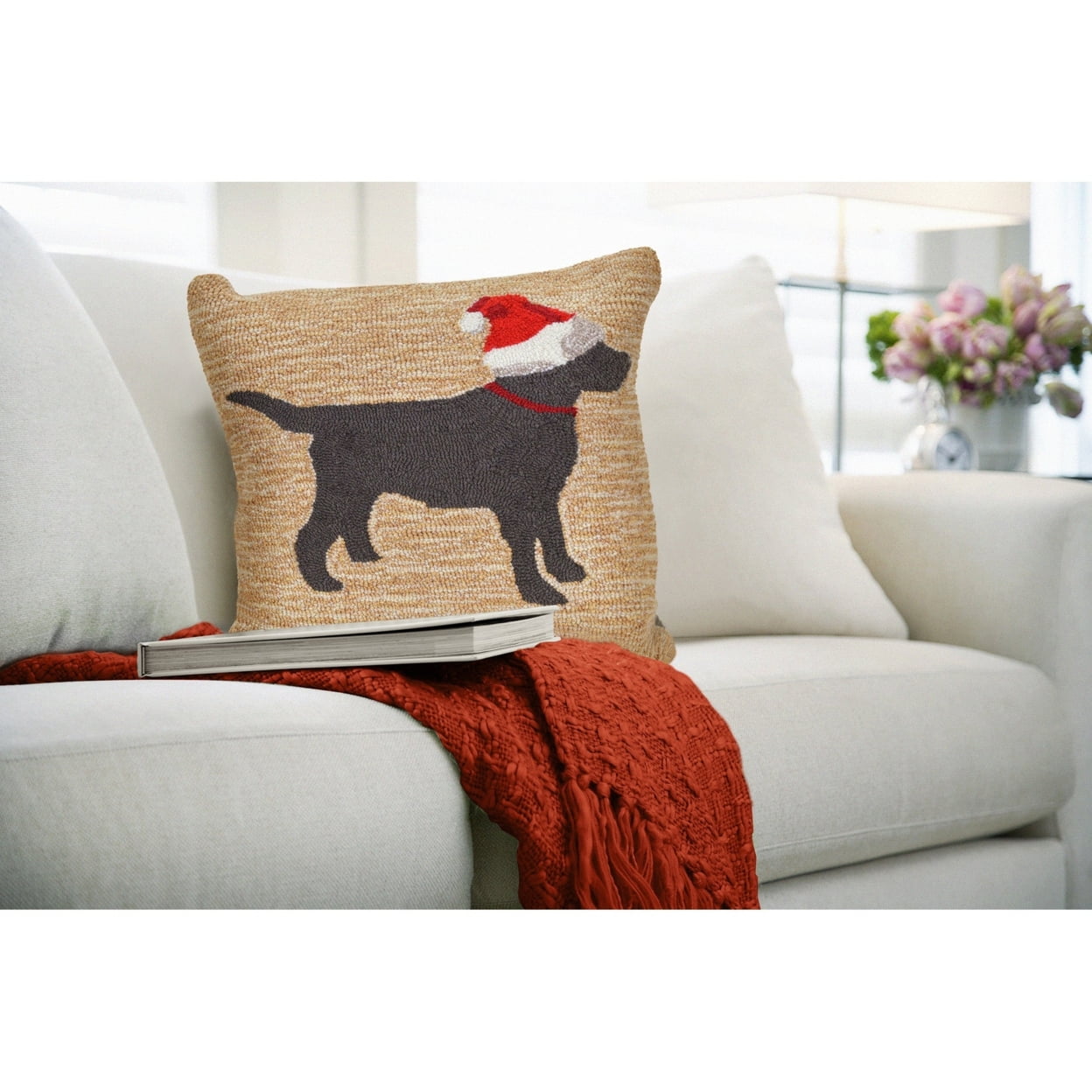 18" Beige and Black Christmas Dog Indoor/Outdoor Pillow