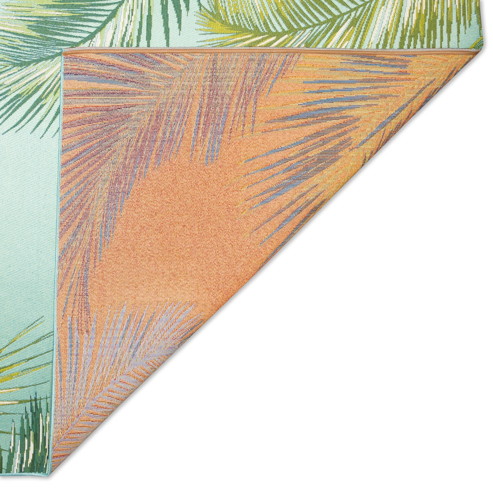 Aqua and Green Palm Border Rectangular Synthetic Indoor/Outdoor Rug