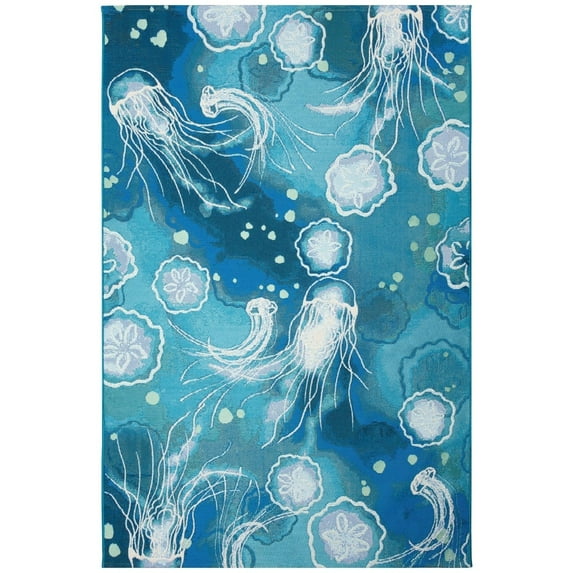Liora Manne Marina Jellyfish Indoor Outdoor Area Rug Navy Aqua 5x8 Power Loomed