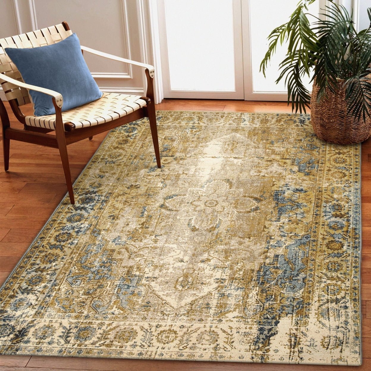 Blue and Beige Medallion Flat Woven Indoor/Outdoor Rug