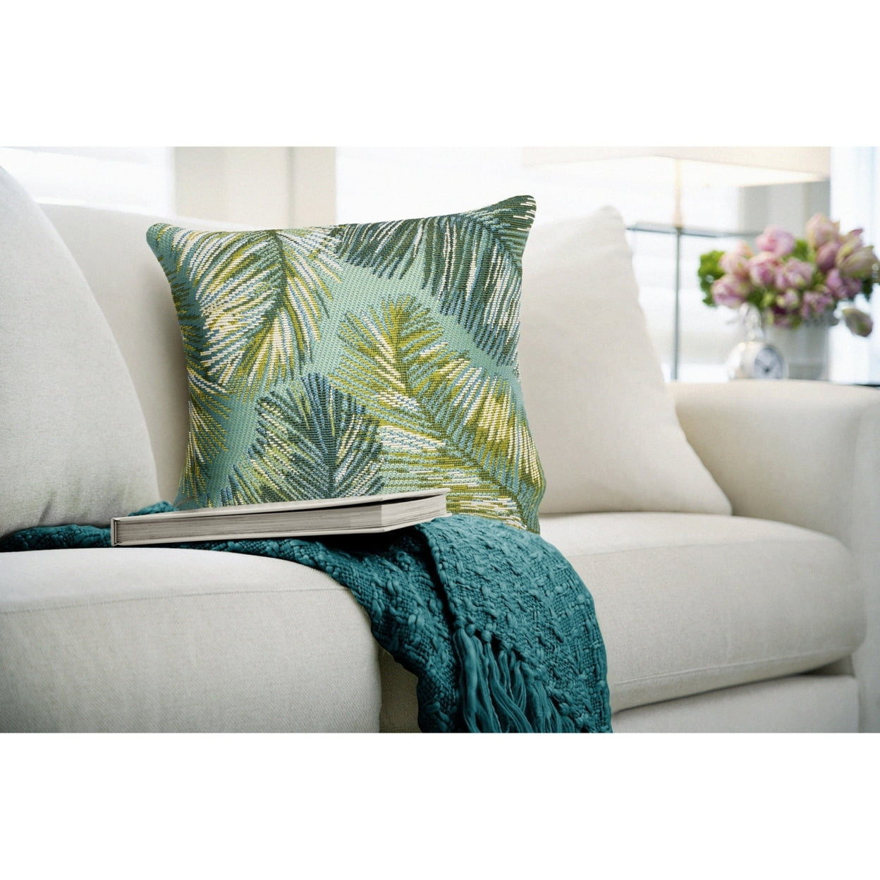 Tropical Serenity Aqua and Green Square Outdoor Pillow 18" x 18"