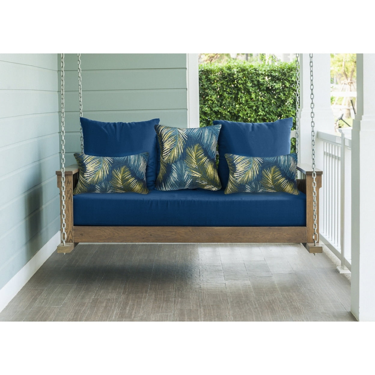 Marina Navy and Green Tropical Leaf Indoor/Outdoor Pillow