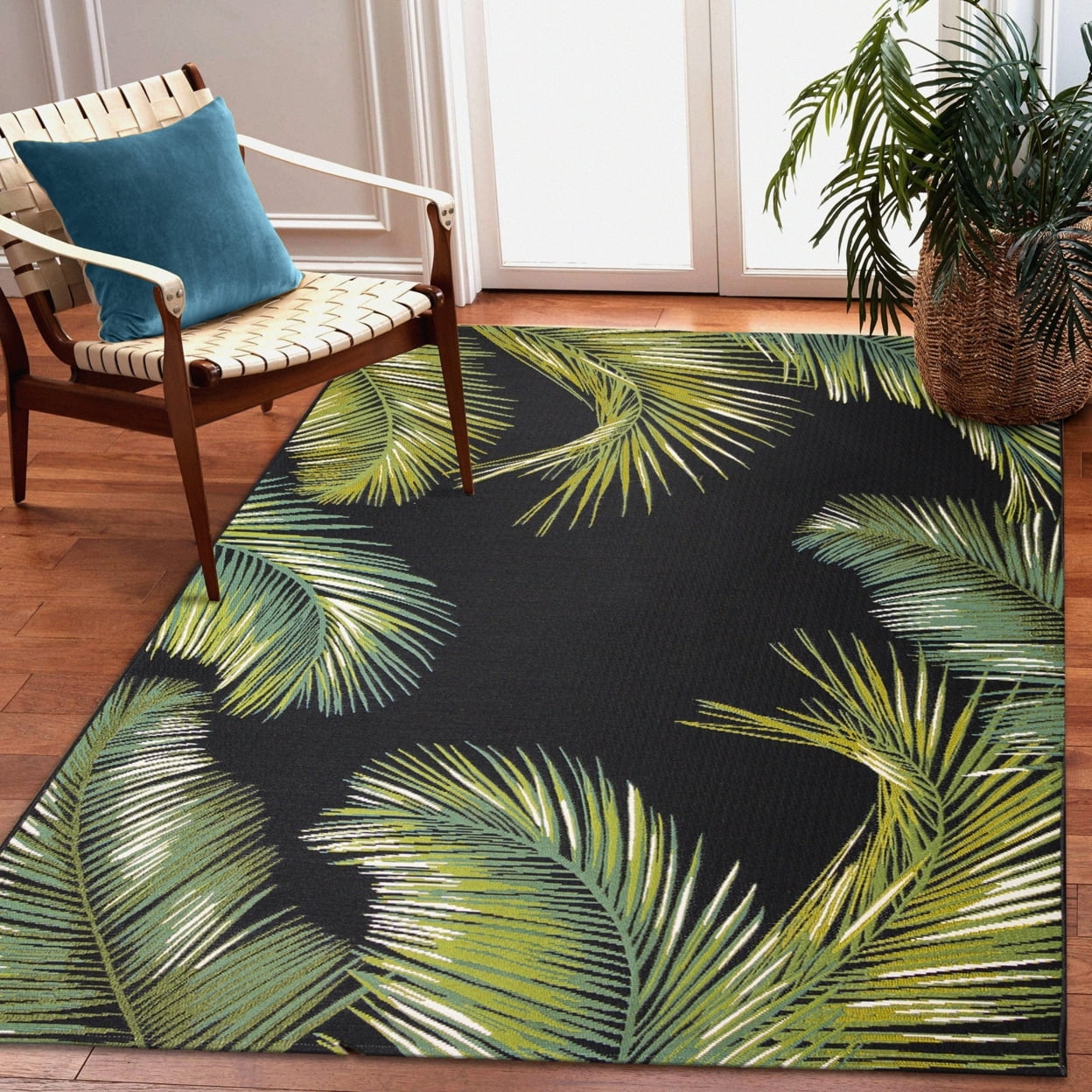 Black and Green Palm Leaf Flatwoven Wool Indoor/Outdoor Rug