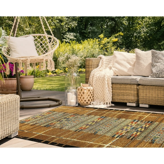 Liora Manne Marina Tribal Stripe Area Rug Gold Indoor Outdoor 5x8 Power Loomed