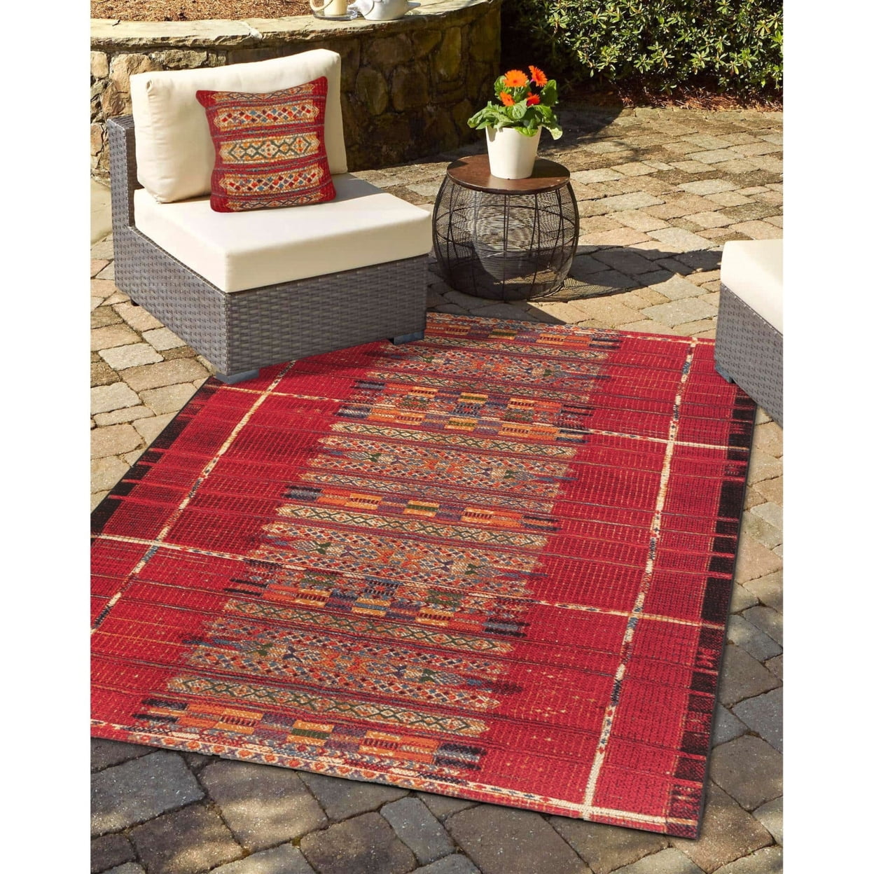 Red and Black Synthetic Tribal Stripe Runner Rug