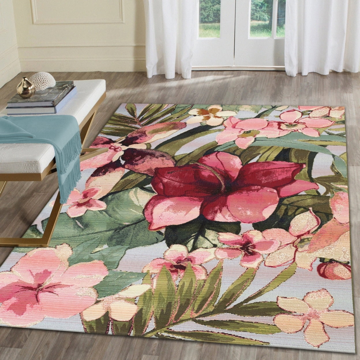 Blue and Pink Floral Rectangular Indoor/Outdoor Rug