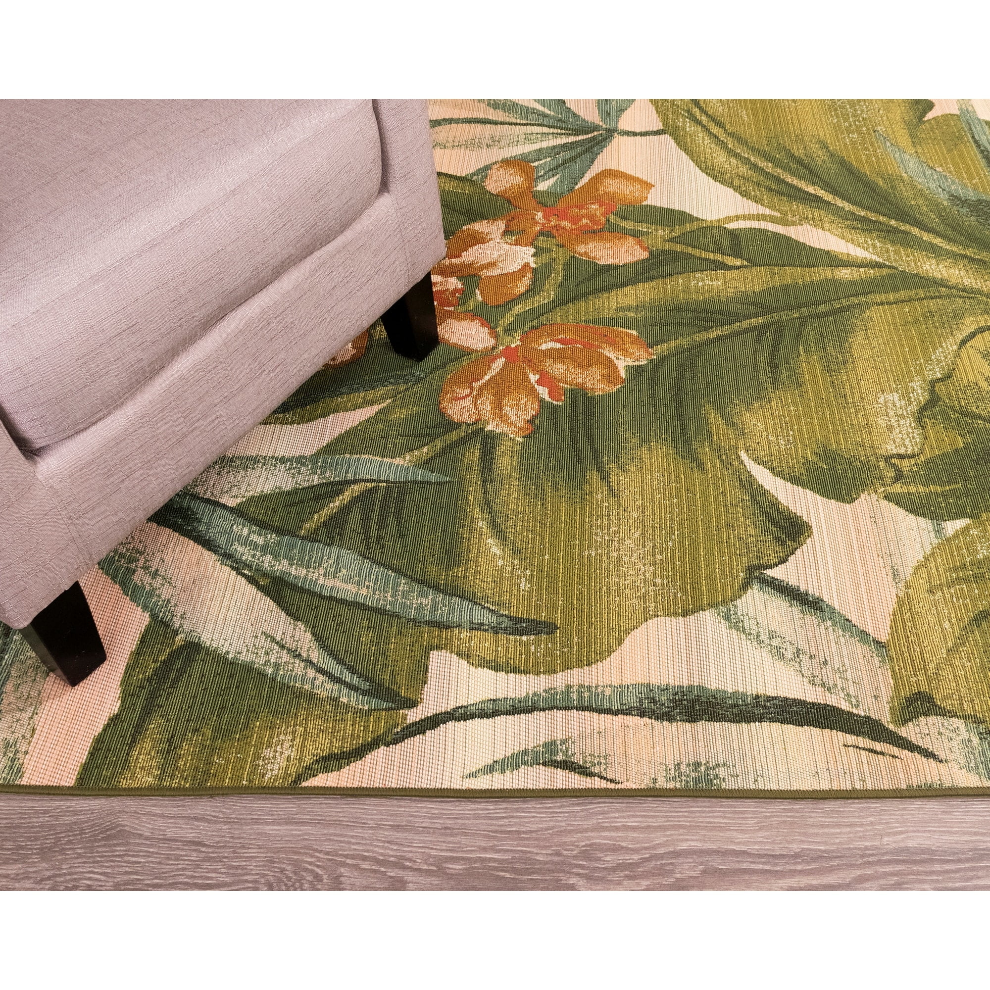 Tropical Leaf Ivory and Green Flatwoven Synthetic Area Rug