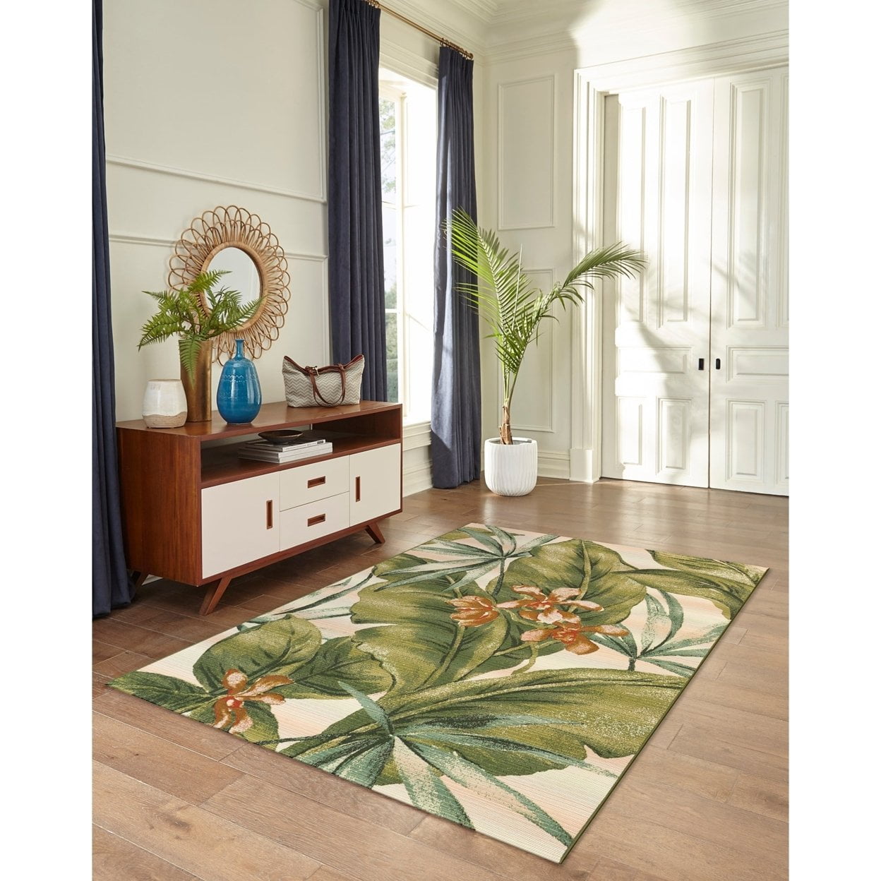 Tropical Elegance Cream & Green Floral Synthetic Area Rug