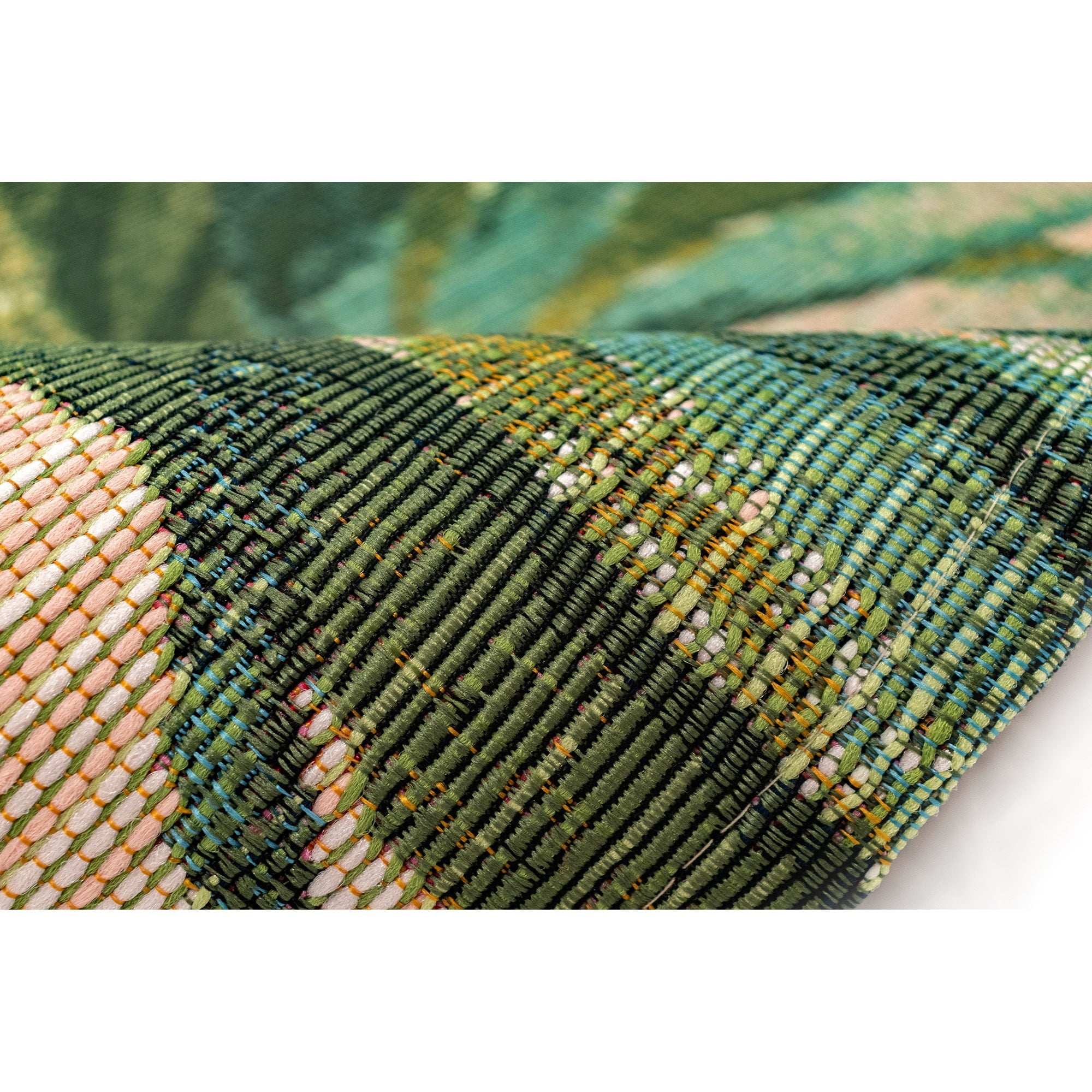 Large Ivory and Green Tropical Leaf Flatwoven Synthetic Rug