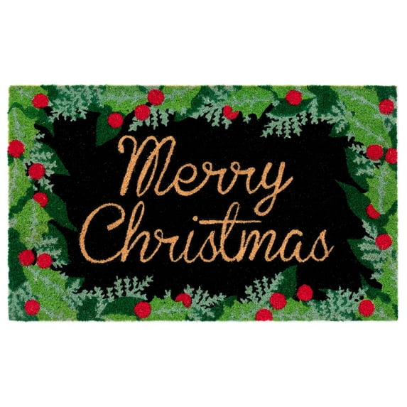 Liora Manne Natura Merry Christmas Holly Outdoor Mat Black 18"x30"