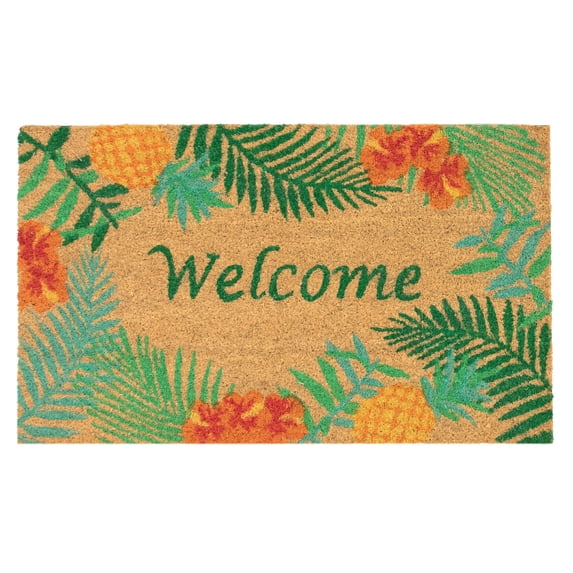 NATURA Outdoor Machine Made Coir Outdoor Mat - Transitional Border Botanical Floral Colorful (Tropical Welcome Natural) (1'6" x 2'6")