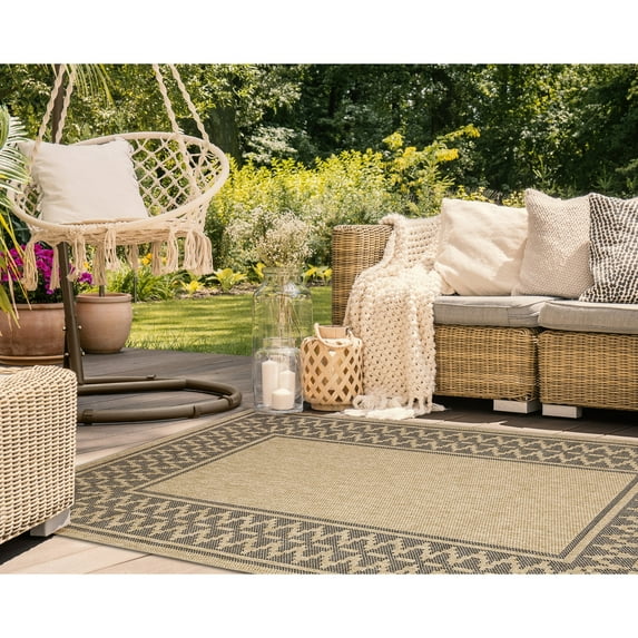 Liora Manne Sahara Diamond Border Area Rug Natural Indoor Outdoor 5x7 Durable