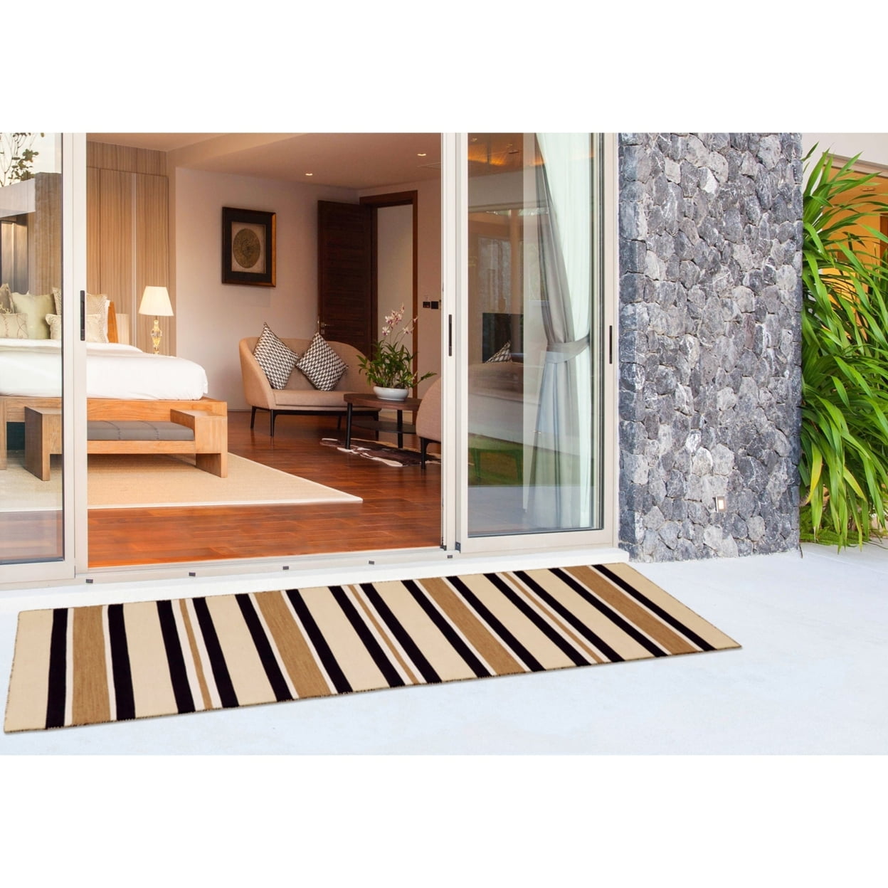 Cabana Classic Stripe Sisal 2'x8' Reversible Outdoor Rug in Blue
