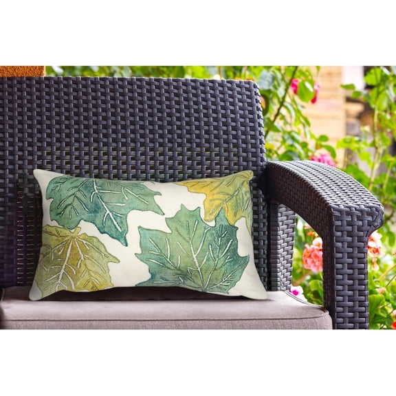 Liora Manne Visions IV Indoor/Outdoor Handmade Pillow - Transitional Botanical Nature Colorful (Leaf Toss Forest Cloud) (12" x 20")