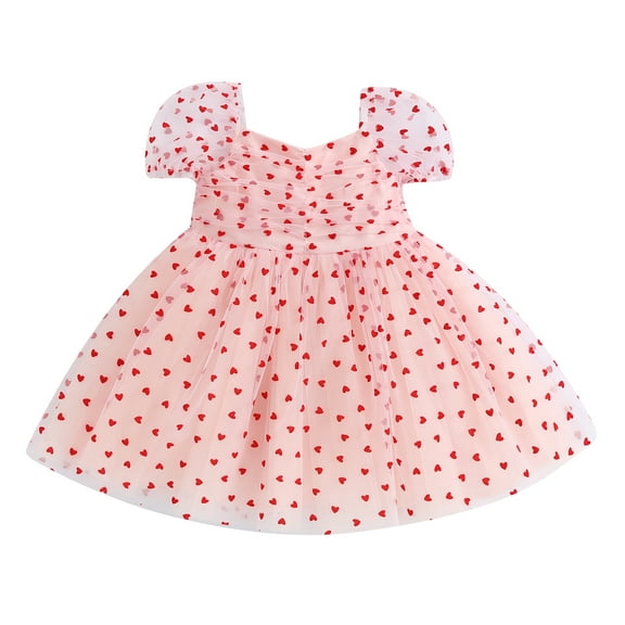 Elippeo Leisure Dress, Little Girls Heart Print Short Puff Sleeve Tulle Dress