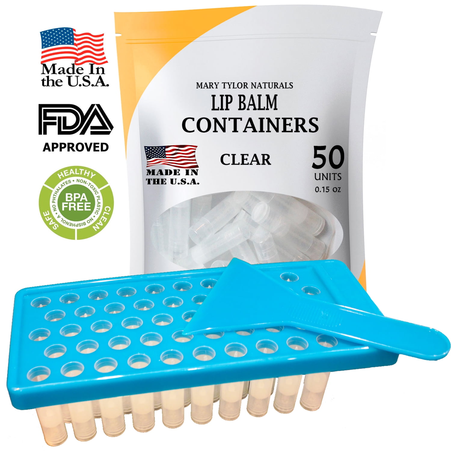 Lip Balm Container Kit with Fill Tray and Spatula, Made in the USA, Includes 50 Clear Lip Balm Containers (0.15 oz each) BPA Free by Mary Tylor Naturals