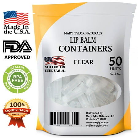 Lip Balm Containers, 50 Clear Round Tubes, Made in USA,, FDA Approved, 100% BPA Free, with Clear Caps by Mary Tylor Naturals, for DIY Lipstick, homemade Lip Balm (50, Clear)